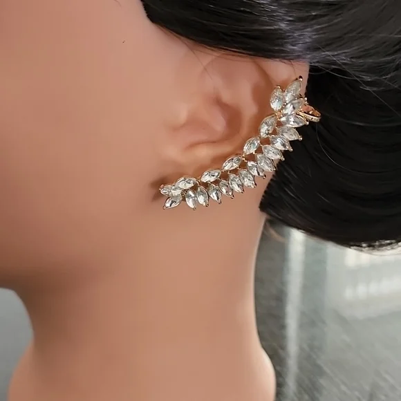 CZ MARQUISE Faceted Gold Statement Cuff Climbing Earrings Wedding Bridal - Picture 4 of 13